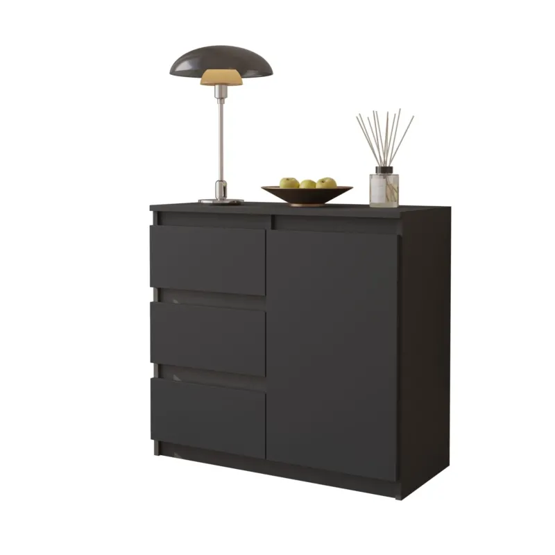 MIKEL - Kommode / Sideboard mit 3 Schubladen und 1 Tür - Anthrazit Grau H75cm B80cm T35cm – Furnica