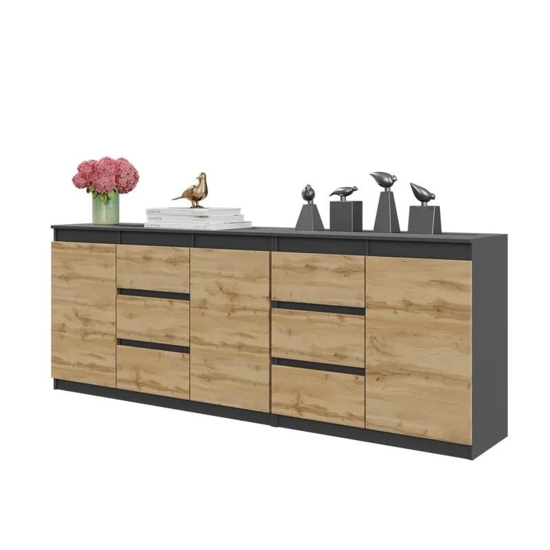 MIKEL - Kommode mit 6 Schubladen und 3 Türen - Schlafzimmer Kommode Aufbewahrungsschrank Sideboard - Anthrazit / Wotan Eiche