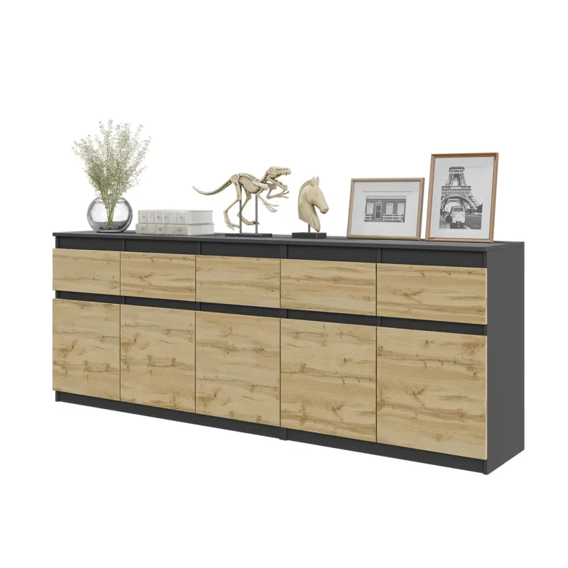 NOAH - Kommode mit 5 Schubladen und 5 Türen - Schlafzimmer Kommode Aufbewahrungsschrank Sideboard - Anthrazit / Wotan Eiche
