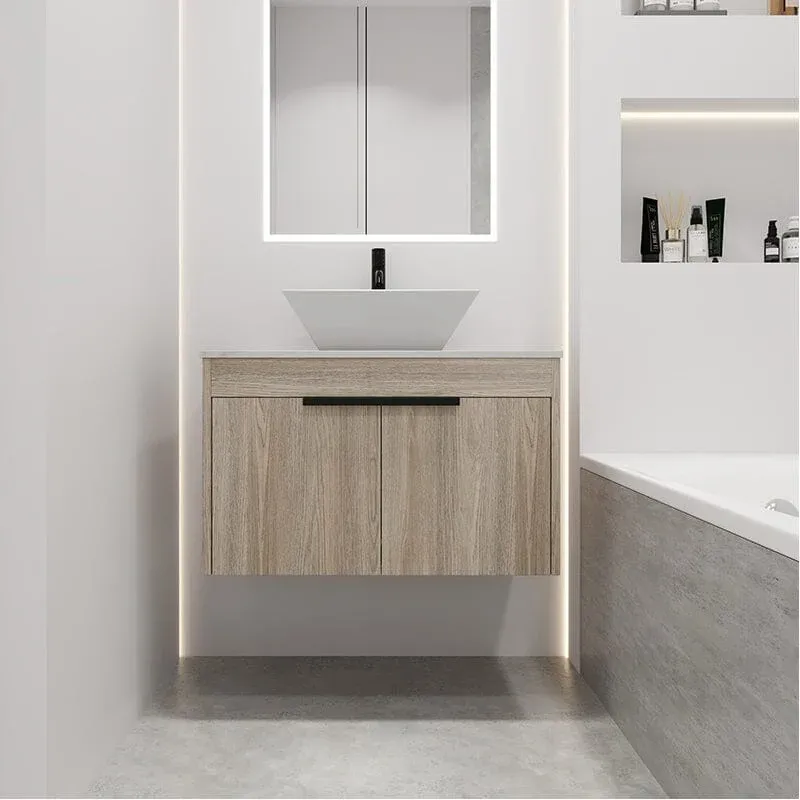 30" Modern Design Floating Bathroom Vanity Sintered Stone Top Square Ceramic Sink