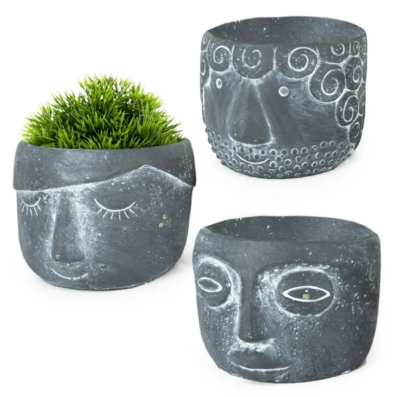 3er Set Blumentopf Gesicht Grau