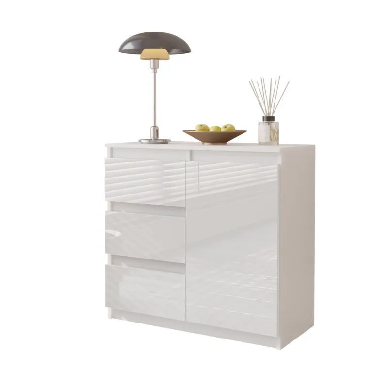 MIKEL - Kommode / Sideboard mit 3 Schubladen und 1 Tür - Weiß Matt / Weiß Gloss H75cm B80cm T35cm – Furnica