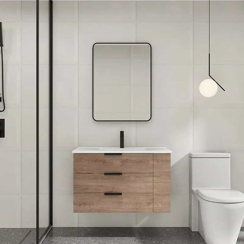 30" Wall-Mounted Bathroom Vanity White Resin Basin Top with Right Shelves
