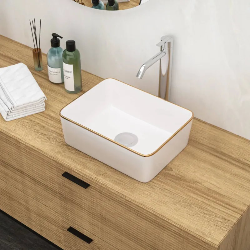 16 in x 12 in White Ceramic Bathroom Sink with Gold Trim