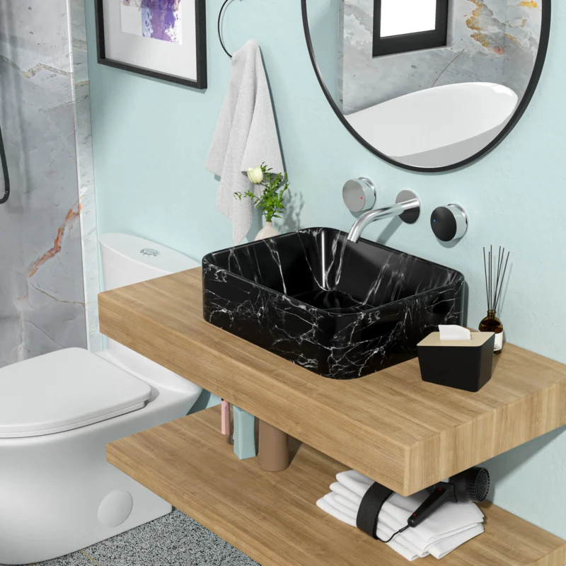 19 in x 15 in Rectangular Marble Patterned Ceramic Vessel Sink