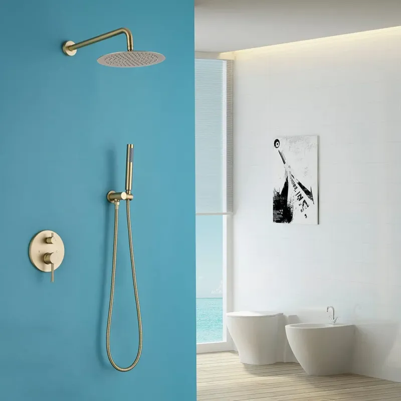 Wall-Mounted Shower Faucet Set for Bathroom with 10" Shower Head Brushed Gold