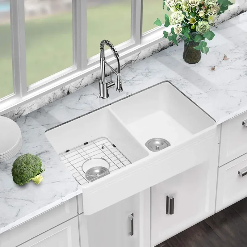 Giving Tree 33" Ceramic Kitchen Sink Double Bowl Farmhouse Rectangular Vessel White