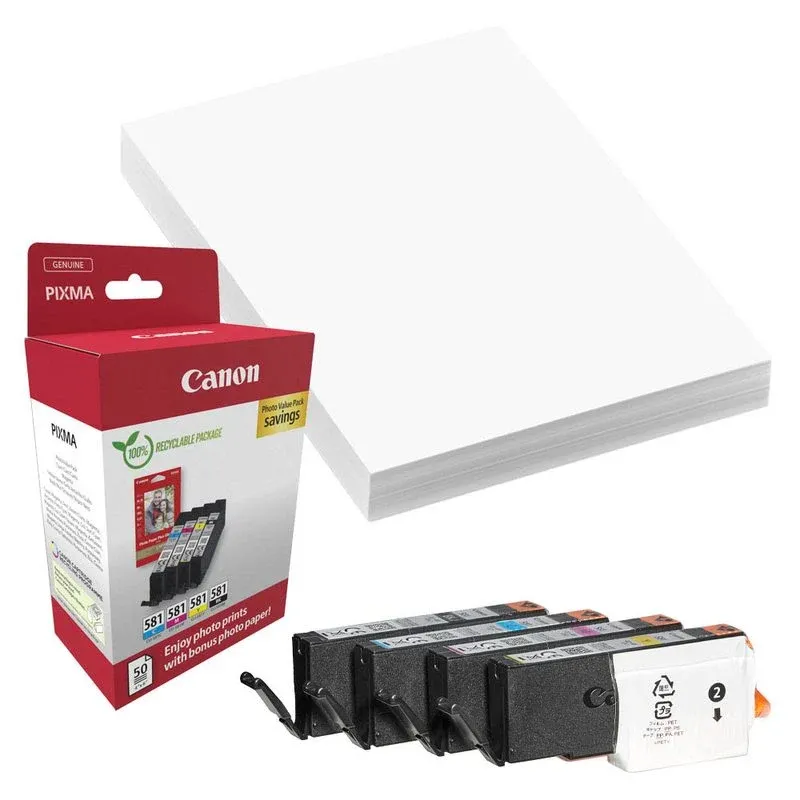 Canon CLI-581 BK/C/M/Y schwarz, cyan, magenta, gelb Druckerpatronen + Fotopapier, 4er-Set