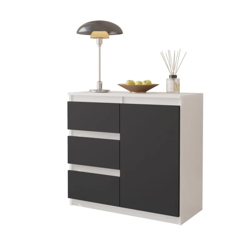 MIKEL - Kommode / Sideboard mit 3 Schubladen und 1 Tür - Weiß Matt / Anthrazit Grau H75cm B80cm T35cm – Furnica