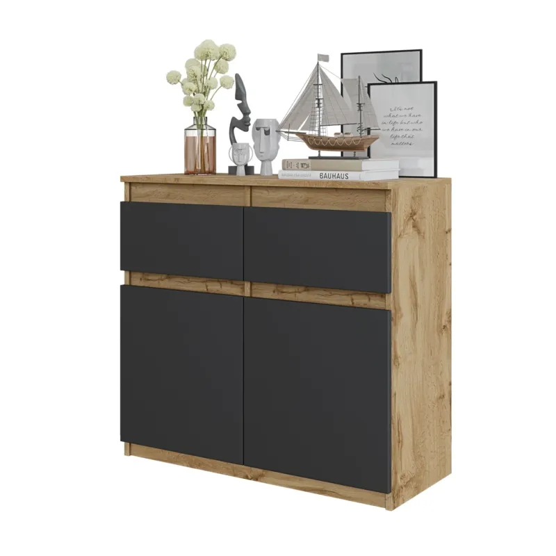 NOAH - Kommode / Sideboard mit 2 Schubladen und 2 Türen - Wotan Eiche / Anthrazit Grau H75cm B80cm T35cm – Furnica