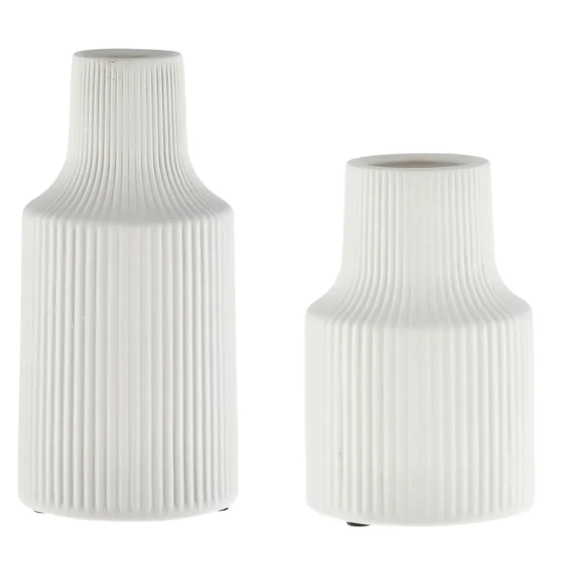 Dekovase Rillen Weiß 19 cm modern Keramik Vase Tischvase Tisch Deko Keramikvase