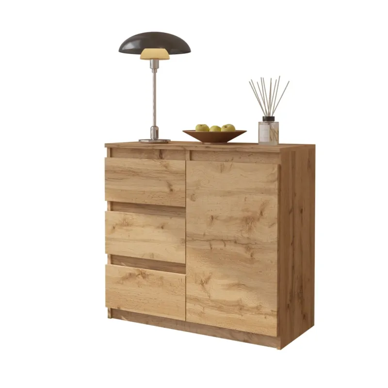 MIKEL - Kommode / Sideboard mit 3 Schubladen und 1 Tür - Wotan Eiche H75cm B80cm T35cm – Furnica
