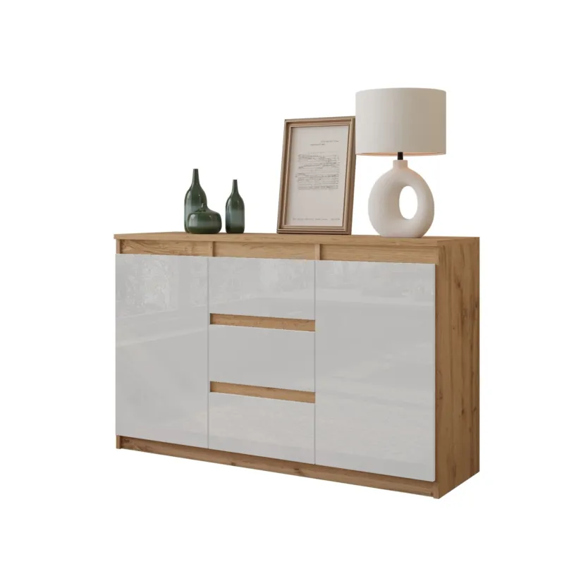 MIKEL - Kommode / Sideboard mit 3 Schubladen und 2 Türen - Wotan Eiche / Weiß Gloss H75cm B120cm T35cm – Furnica