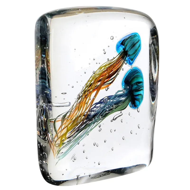 Briefbeschwerer – Blaue Qualle, Klares Glas, Orange Akzente - Funny Medusa| Gilde