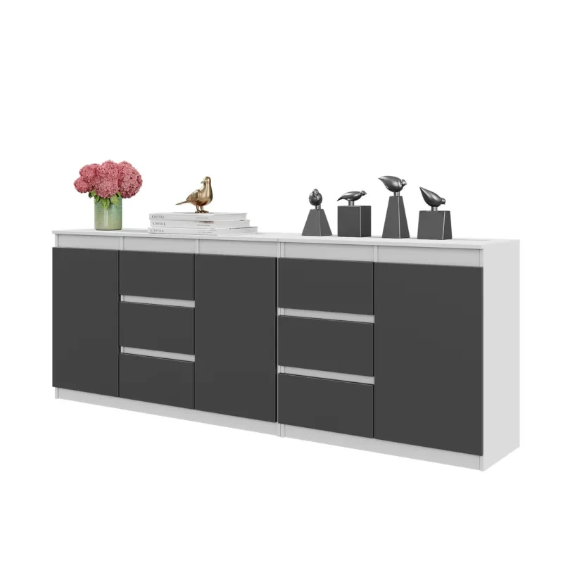 MIKEL - Kommode mit 6 Schubladen und 3 Türen - Schlafzimmer Kommode Aufbewahrung Schrank Sideboard - Weiß Matt / Anthrazit