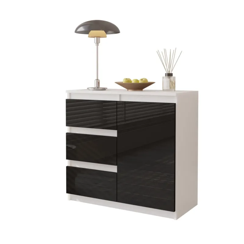 MIKEL - Kommode / Sideboard mit 3 Schubladen und 1 Tür - Weiß Matt / Schwarz Gloss H75cm B80cm T35cm – Furnica