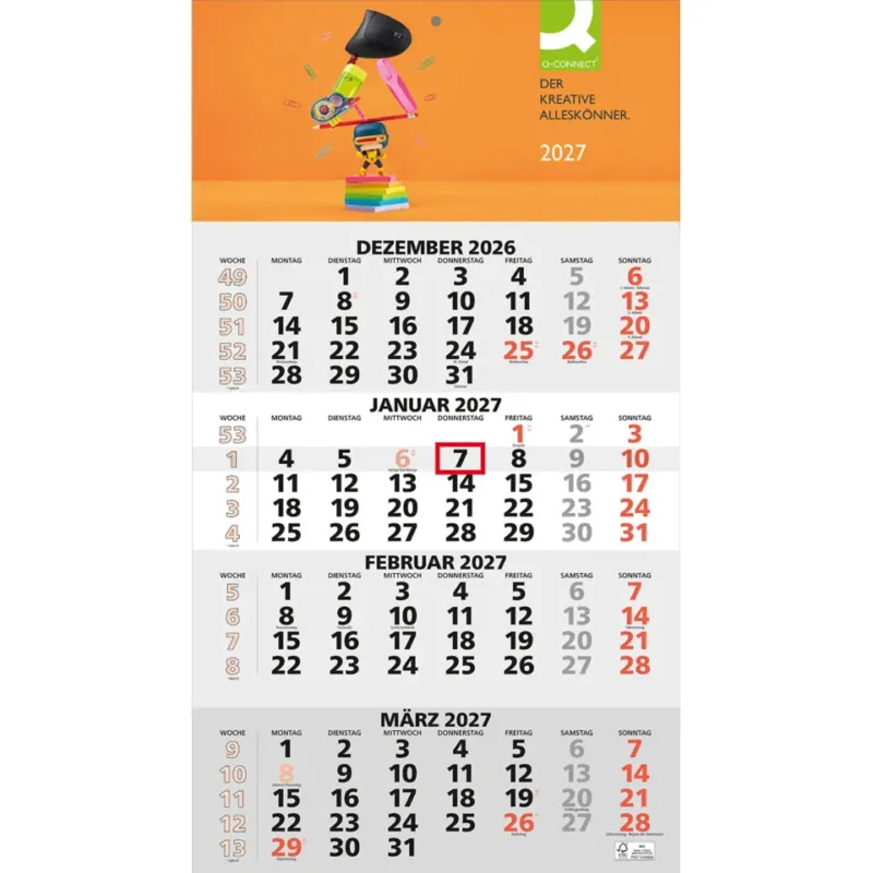 4-Monats-Wandkalender, 30 x 55,5 cm, 4M/1S Q-CONNECT 219999