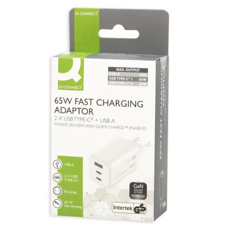 Q-CONNECT GaN-Ladegerät 65W, 1 x USB-A und 2x USB-C, weiß