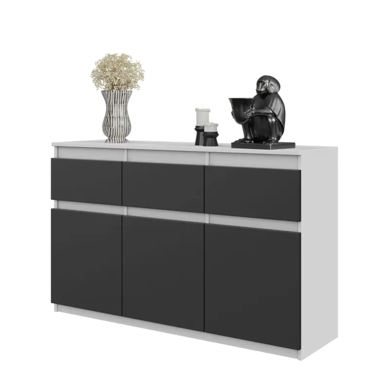 NOAH - Kommode / Sideboard mit 3 Schubladen und 3 Türen - Weiß Matt / Anthrazit Grau H75cm B120cm T35cm – Furnica