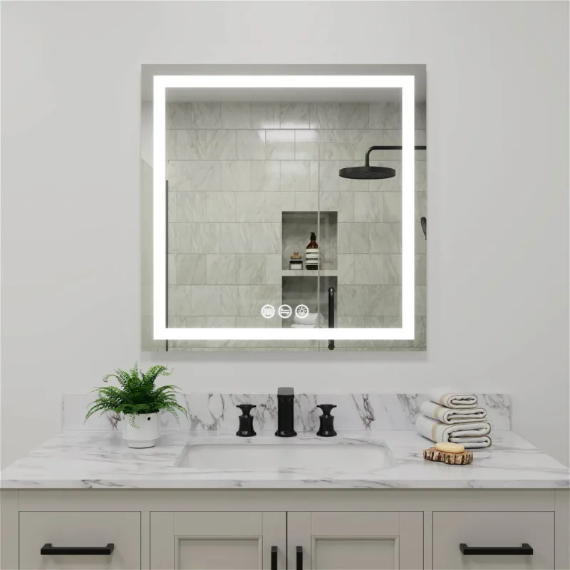 36" x 36" Square Frameless LED Wall-Mounted Bathroom Vanity Mirror with Memory Function