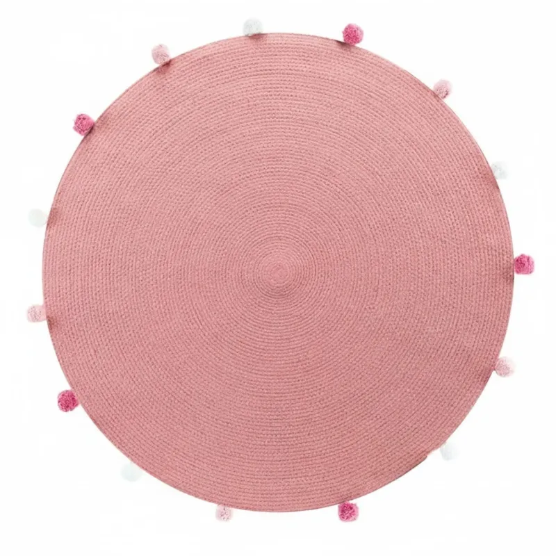Deko Teppich Rosa bunt 90 cm Baumwolle uni mit Bommel Wohnteppich Boho