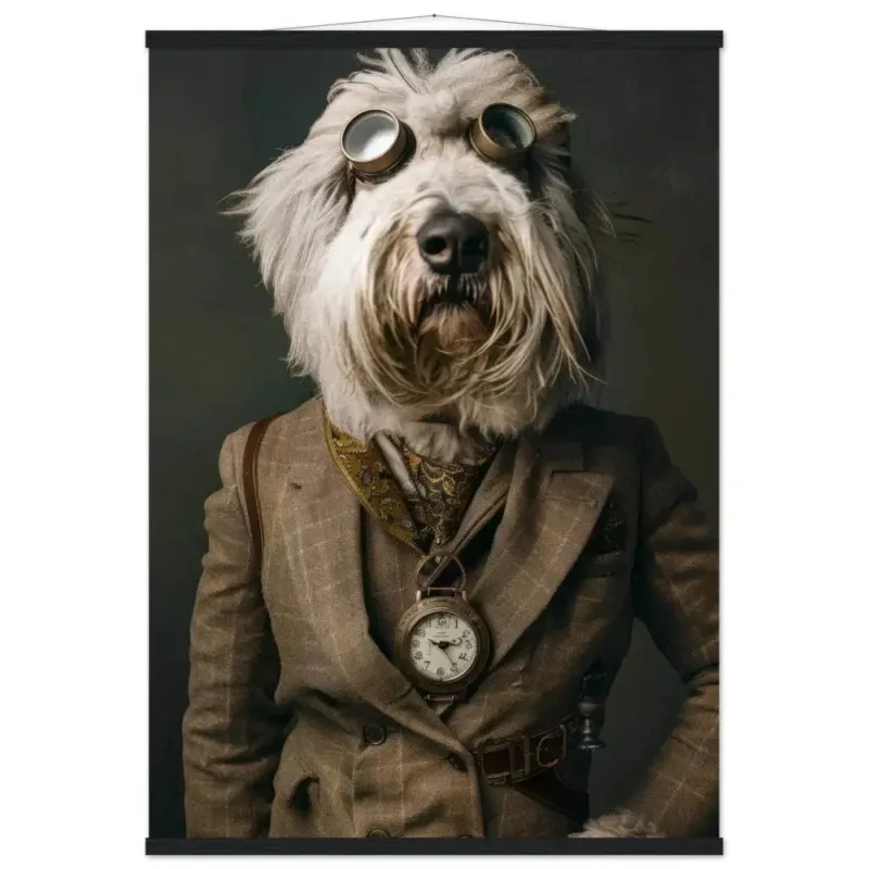 Schulposter - Komondor, Steampunk-Stil, antike bronzefarbene Uhr, silberfarbene Brille | St Tropez Art