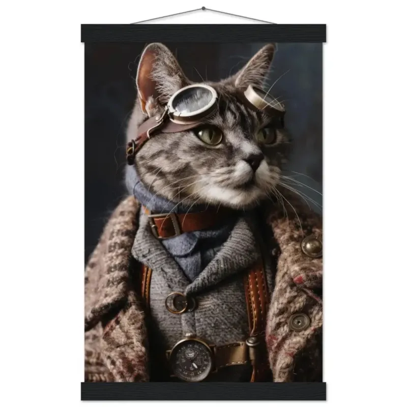 Schulposter - Steampunk-Vintage Ägyptische-Mau Katzenmotiv, mattes FSC-Papier, magnetische Holzleisten | St Tropez Art
