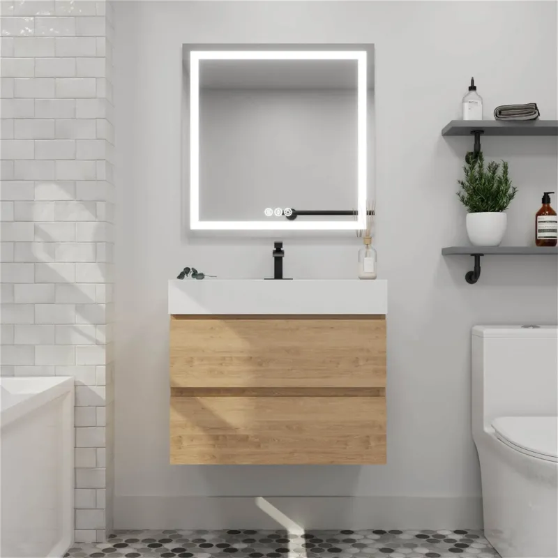 30 in White Oak Wall Mounted Bathroom Vanity Unit