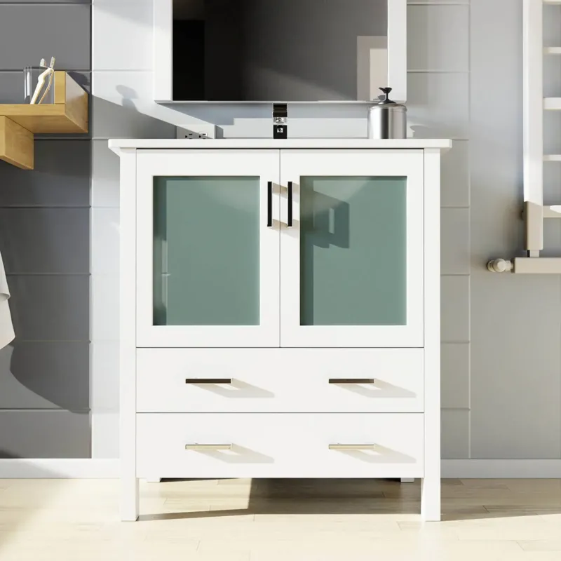 30 inch White Bathroom Vanity with Bottom Drawer and Glass Doors