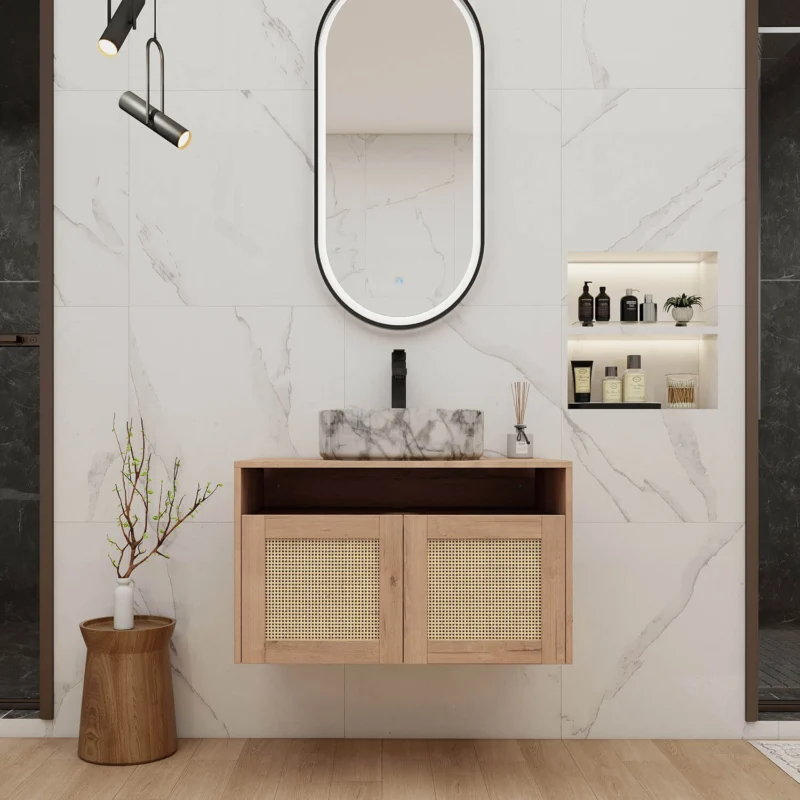 30 inch White Oak Floating Vanity with Marble-Veined Ceramic Sink