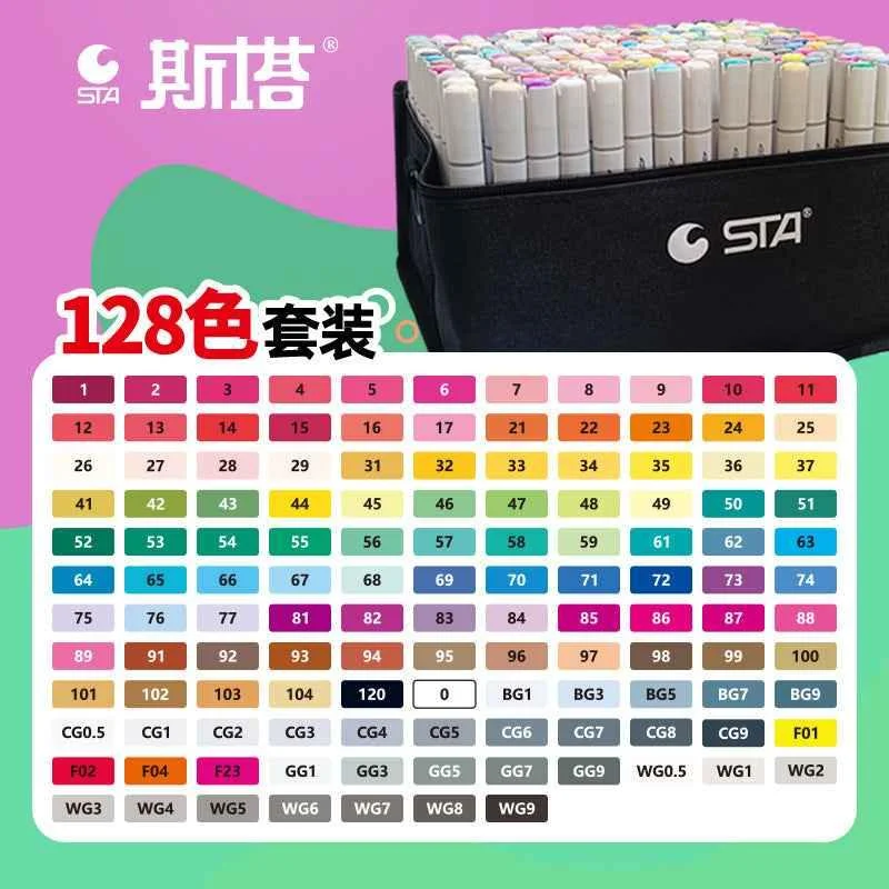 STA Alcohol Art Markers 128/168 Color Chisel & Brush Tip with Carrying Bag 128 Color