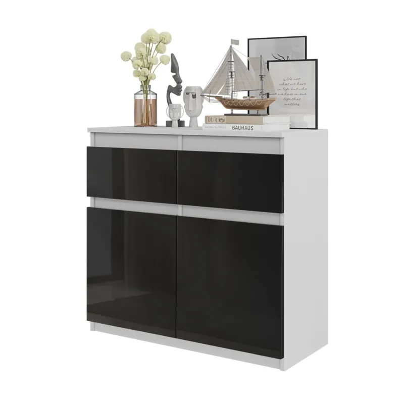 NOAH - Kommode / Sideboard mit 2 Schubladen und 2 Türen - Weiß Matt / Schwarz Gloss H75cm B80cm T35cm – Furnica