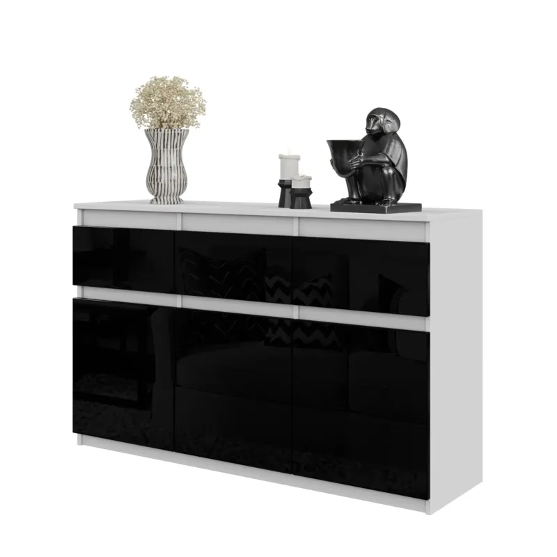 NOAH - Kommode / Sideboard mit 3 Schubladen und 3 Türen - Weiß Matt / Schwarz Gloss H75cm B120cm T35cm – Furnica