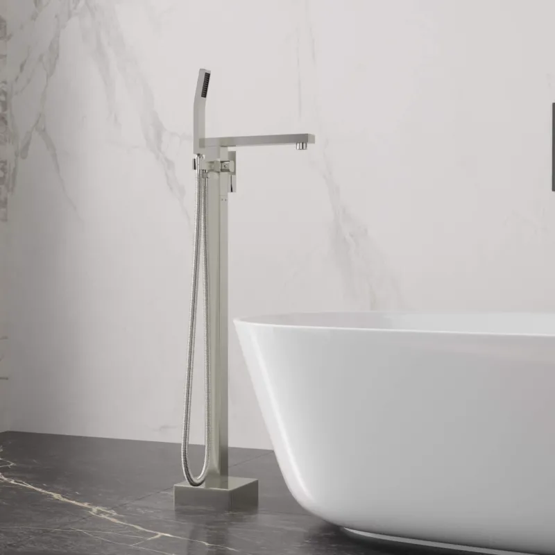360° Rotation Freestanding Tub Filler Faucet with Hand Shower, Brushed Nickel & Brushed Gold