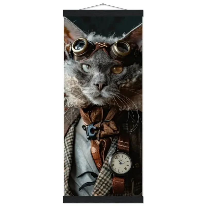 Schoolposter - Lykoi-Katze, karierter Mantel, Lederakzente, silberne Taschenuhr | St Tropez Art