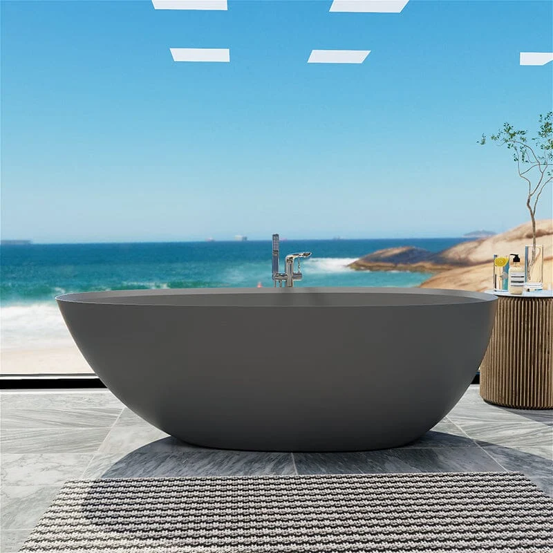67" Solid Surface Stone Resin Modern Egg Shaped Freestanding Soaking Bathtub with Overflow