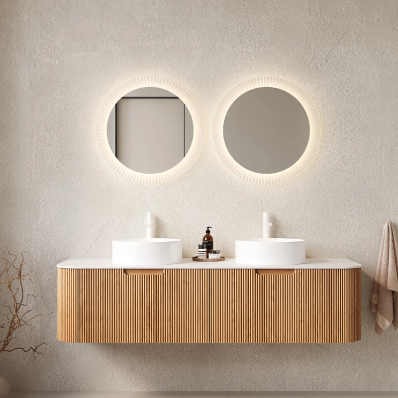 60 in Pre Assembled Floating Vanity with Curved Edge Striped Design in White Oak