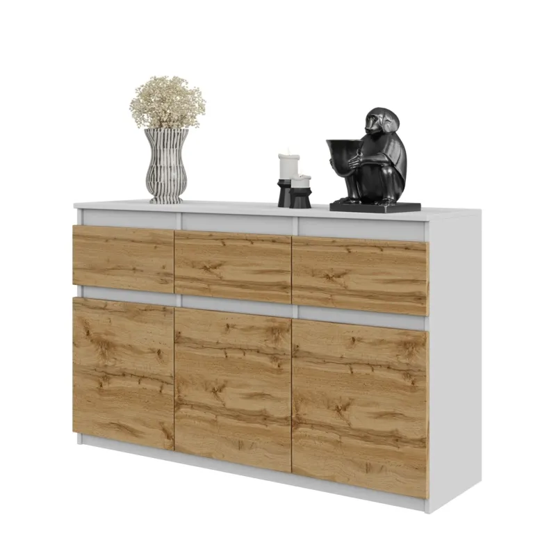 NOAH - Kommode / Sideboard mit 3 Schubladen und 3 Türen - Weiß Matt / Wotan Eiche H75cm B120cm T35cm – Furnica