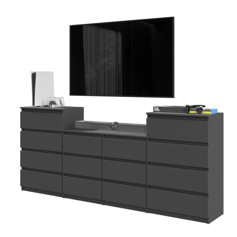 GABRIEL - Kommode / Sideboard mit 14 Schubladen (4+6+4) - Anthrazit Grau H92/70cm B220cm T33cm – Furnica