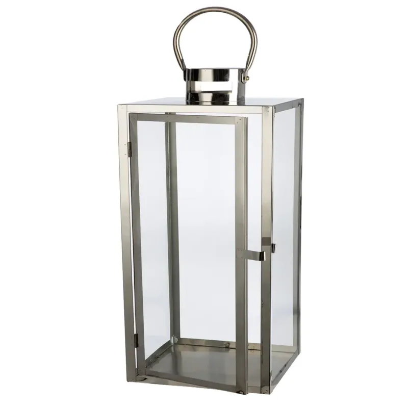 Laterne – Glänzender Edelstahl, Klare Einsätze, Rechteckige Form, 25 cm - Agento | Gilde