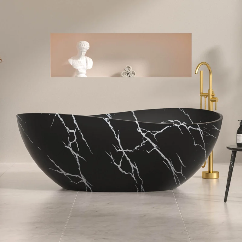 63 inch Black Freestanding Bathtub with White Marble Veining