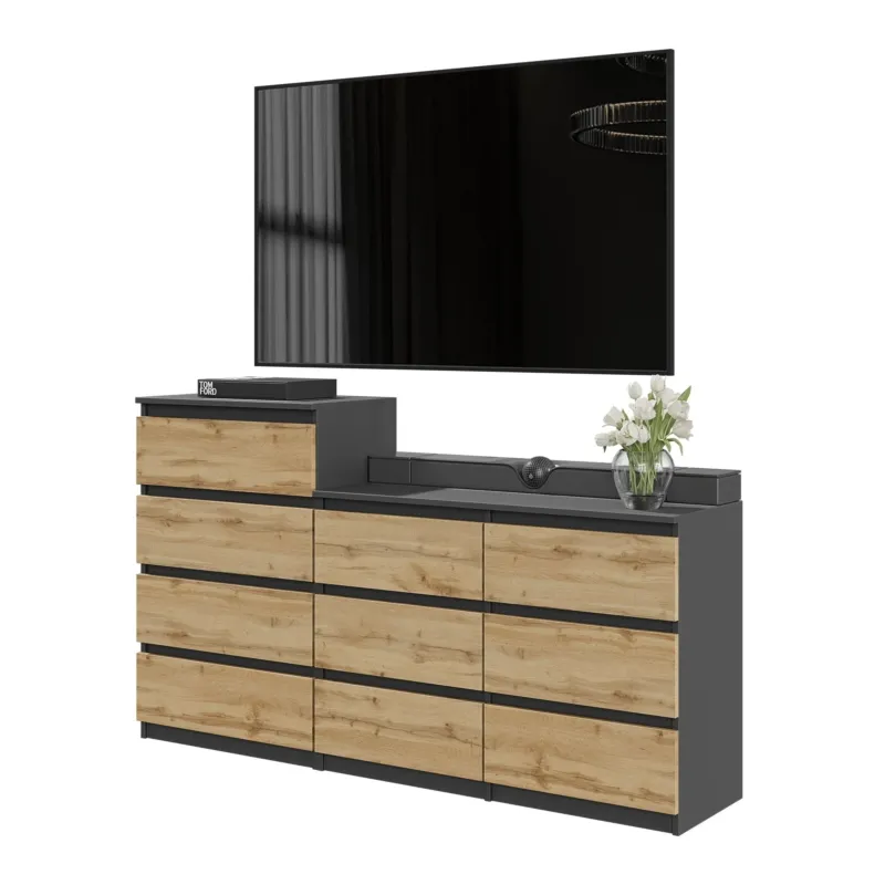 GABRIEL - Kommode / Sideboard mit 10 Schubladen (6+4) - Anthrazit Grau / Wotan Eiche H92/70cm B160cm T33cm – Furnica