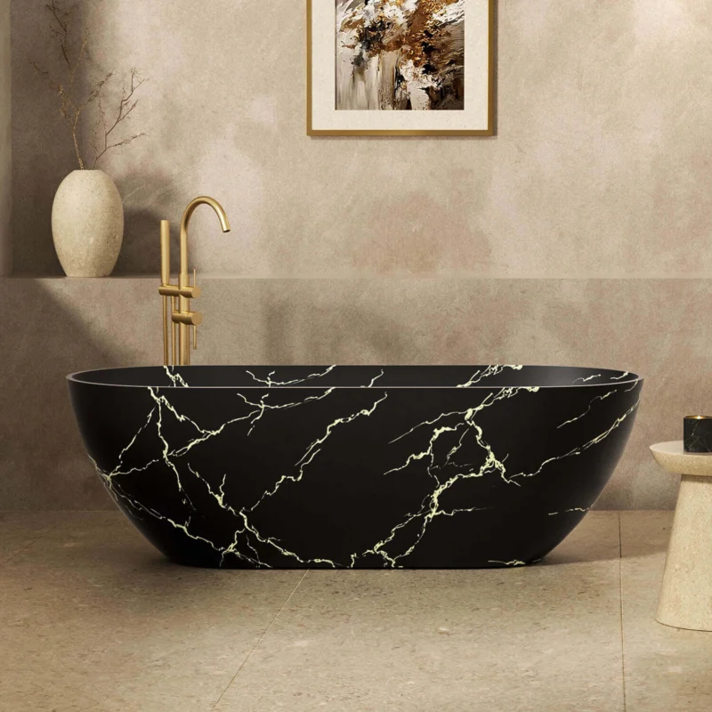 69 inch black oval soaking tub with gold marble pattern