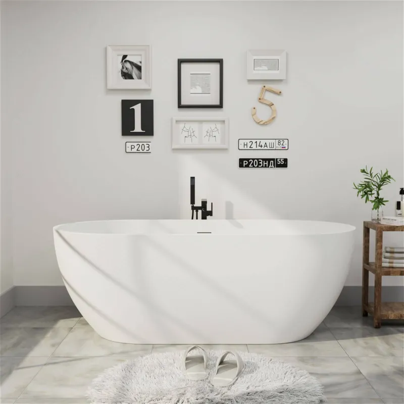 69" Modern Bathtub Solid Surface Stone Resin Oval-Shaped Freestanding Soaking Tub