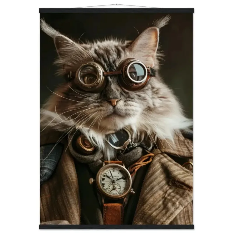 Schulposter - Männliche Orientalisch Langhaar-Katze, Steampunk-Stil, antike Uhr mit Lederband, bronzefarbene Brille | St Tropez Art