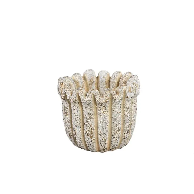 Blumentopf – Creme Farbe, Gerippte Linienstruktur, Zement Material, XS – Raffay | PTMD