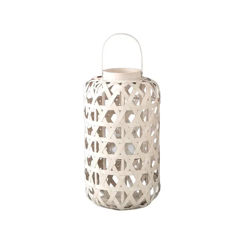 Laterne – Rundes Bambus Design, Glas Einsatz, Sand Farbton, S – Mayita | PTMD