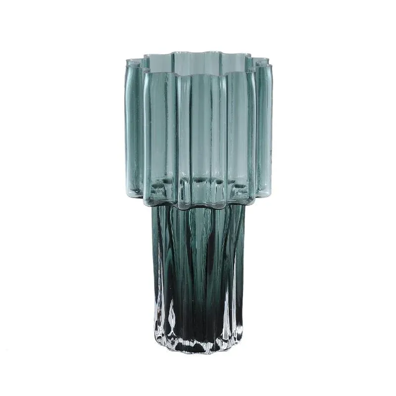 Vase – Grün Glas, Gerippte Oberfläche, Breite Öffnung, L – Maayan | PTMD