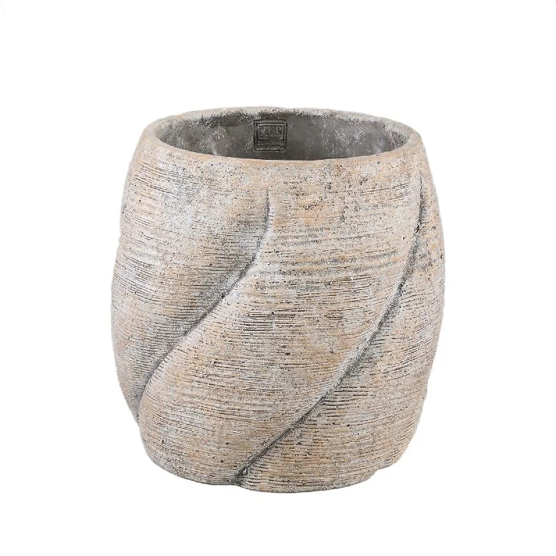 Blumentopf – Taupe Farbe, Wirbel Design, Zement Material, Runde Form, M – Evanthia | PTMD