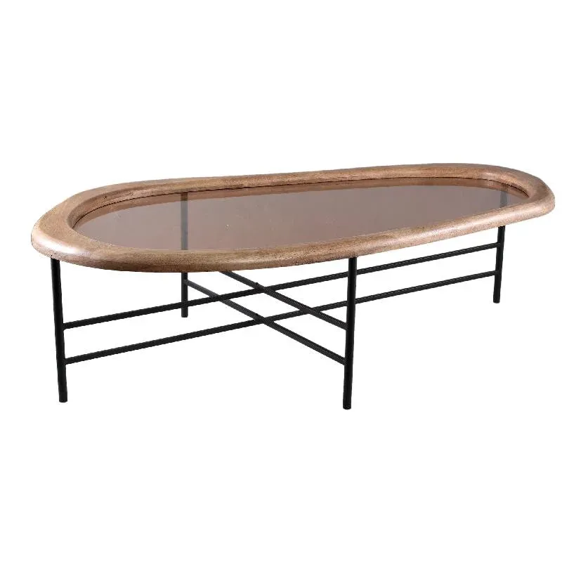 Couchtisch – Rubberwood, Glasplatte, Eisenrahmen, organisch, L – Neelix | PTMD